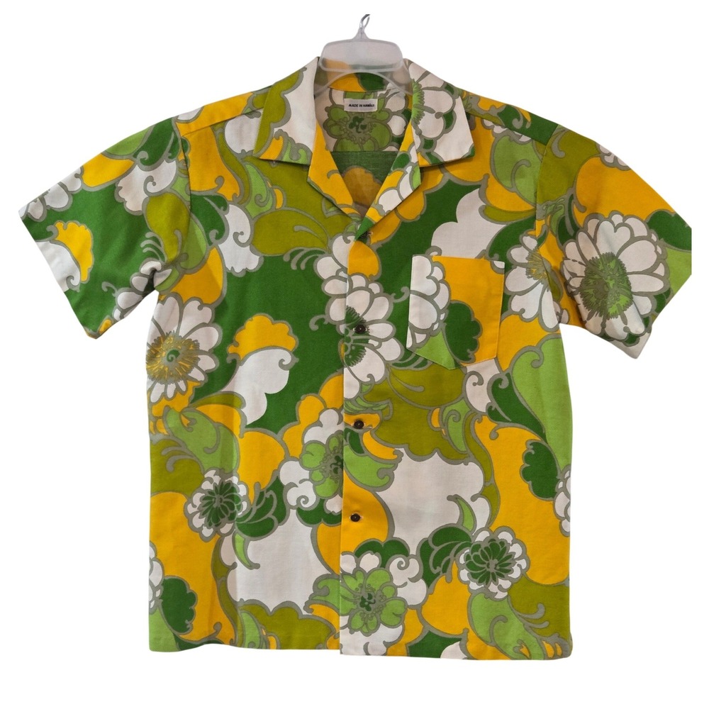 Vintage Made in Hawaii Psychedelic Floral Aloha Shirt Green Yellow 70s Mod L